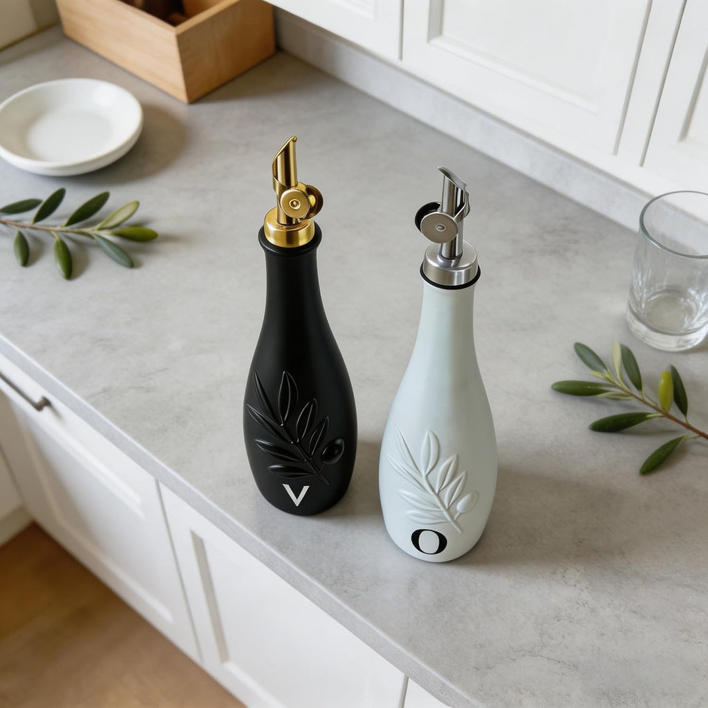Oil and Vinegar Dispenser, 11.8oz Ceramic Leak Proof Olive Oil Bottle with Self-Closing Stainless Steel - Set of 2