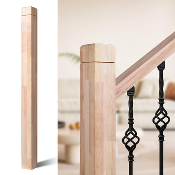 3.5" x 47" Rubber Wood Stair Newel Post with a Single Groove Notched Newel Wood Balusters for Staircase Indoor and
