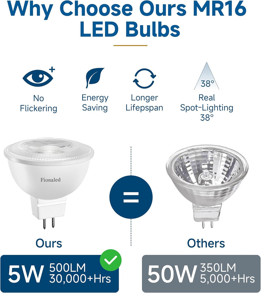 MR16 LED Bulbs, 50W Halogen Replacement, 2700K Warm White, Not Dimmable GU5.3 Bipin Base, 5W 12V Landscape Recessed