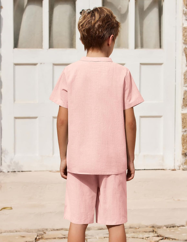 Boy's 2 Pieces Cotton Linen Set Casual Henley Shirts Short Sleeve Beach Shorts Summer Outfits