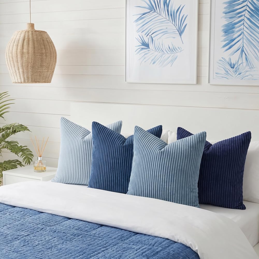 Decorative Corduroy Throw Pillow Covers 18x18 Inch Blue Ocean