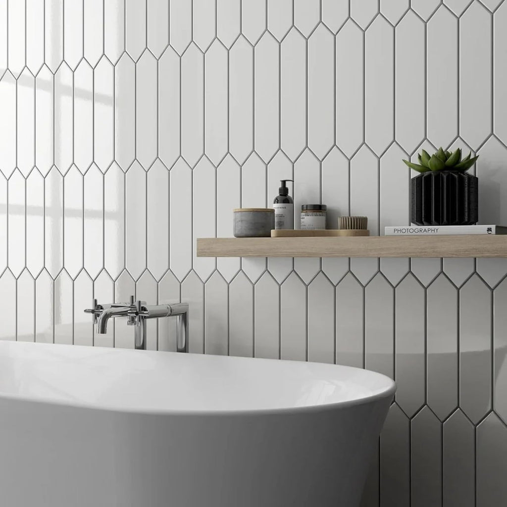 2x10 White Bright Picket Arrow Ceramic Wall Tile - Glossy Finish Backsplash, Shower, Bathroom, Accent Wall - 88