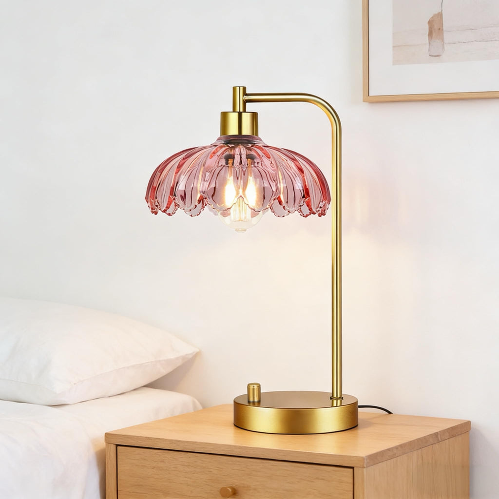 Pink Table Lamp Set of 2, Small Gold Bedside Lamps Dimmable Boho Bedroom Lamp with Tulip Flower Glass Lamp