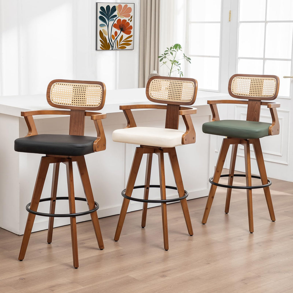 Rattan Swivel Bar Stools, Mid Century Modern Barstools with Curved Back