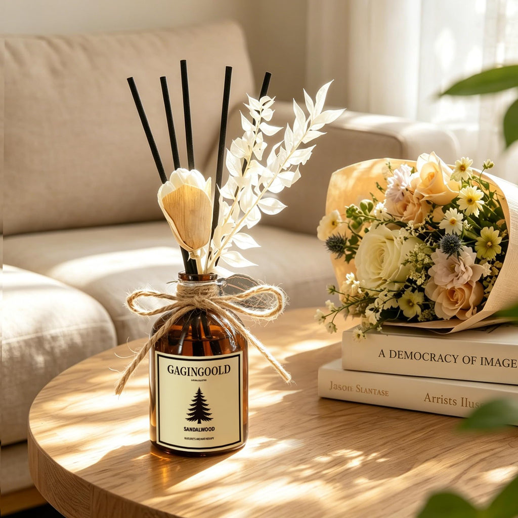 Sandalwood Reed Diffuser Set, Includes 10 Diffuser Sticks & Decorative Flower, Long Lasting Air Freshener Living