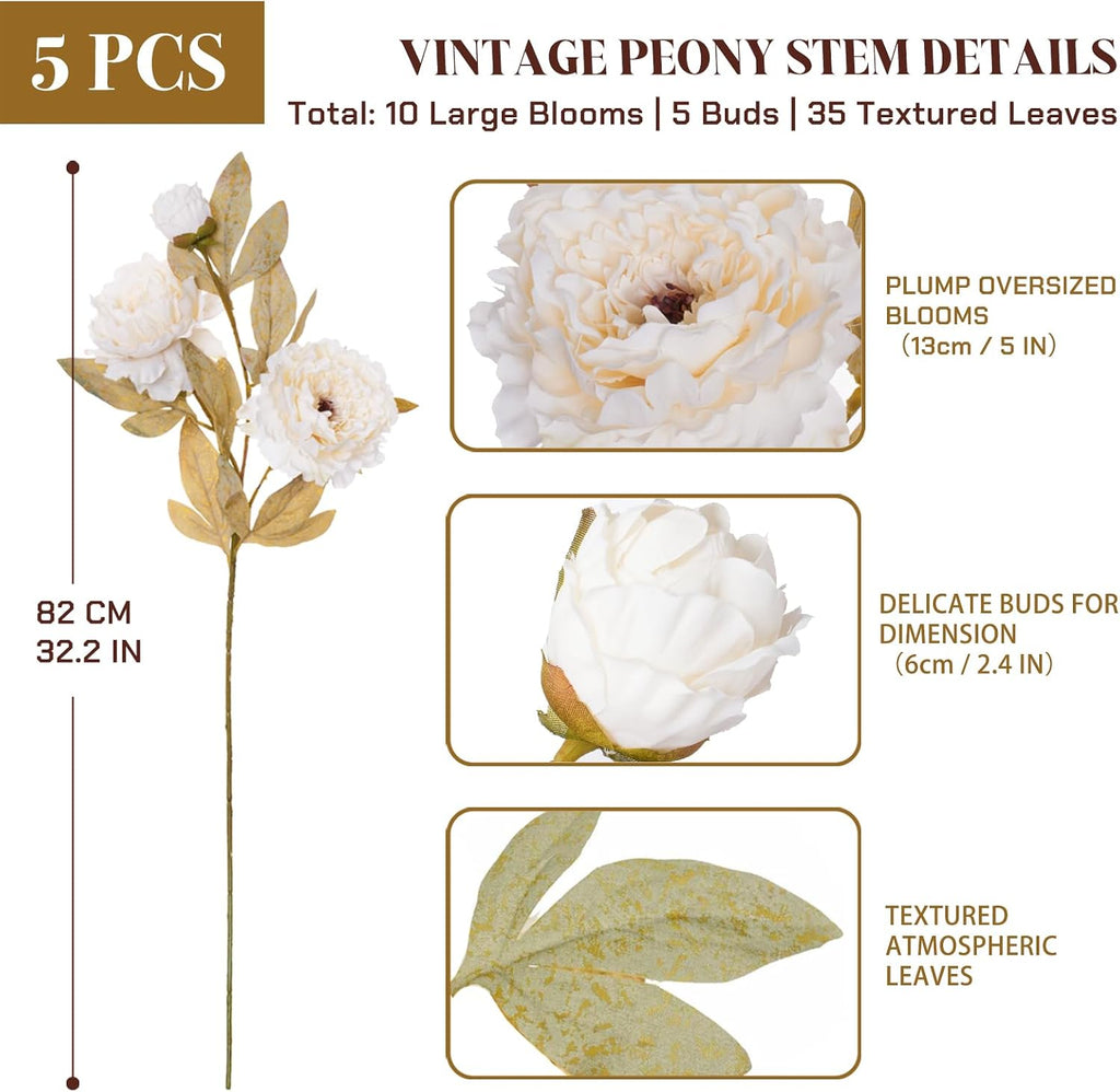 32" Ivory Vintage Peonies Artificial Flowers for Vase - Set of 5