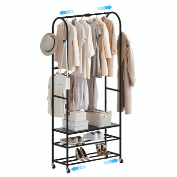 Clothes Rack with Shoe Shelf, Expandable Garment Rack 17.7"-29.1", Freestanding Clothing Rack with Shelves and Hooks