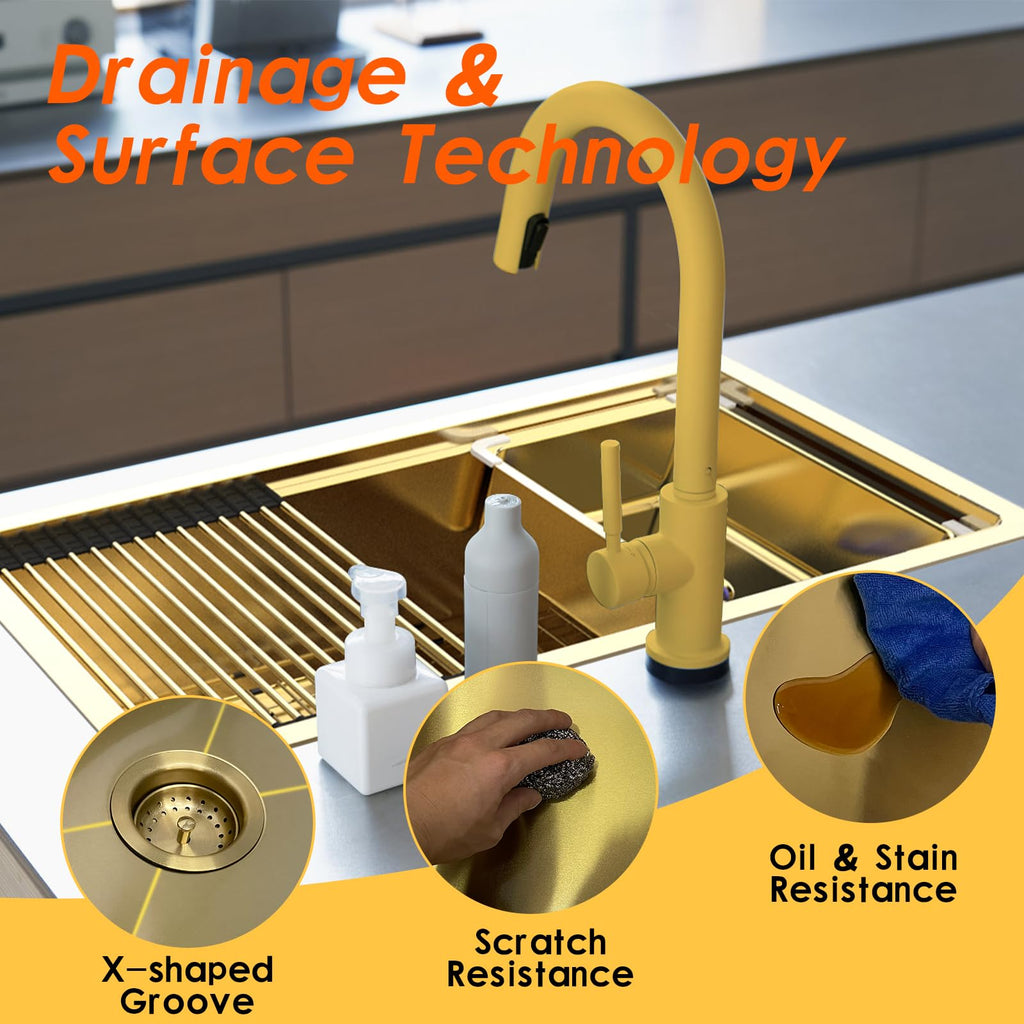 Gold 30x18 Stainless Steel Kitchen Sink Workstation, Undermount, Single Bowl