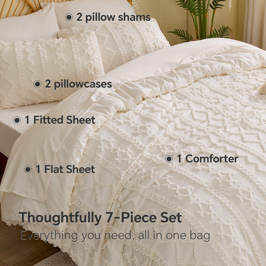 King Comforter Set 7 Pieces, Boho Bed in a Bag, Cream White