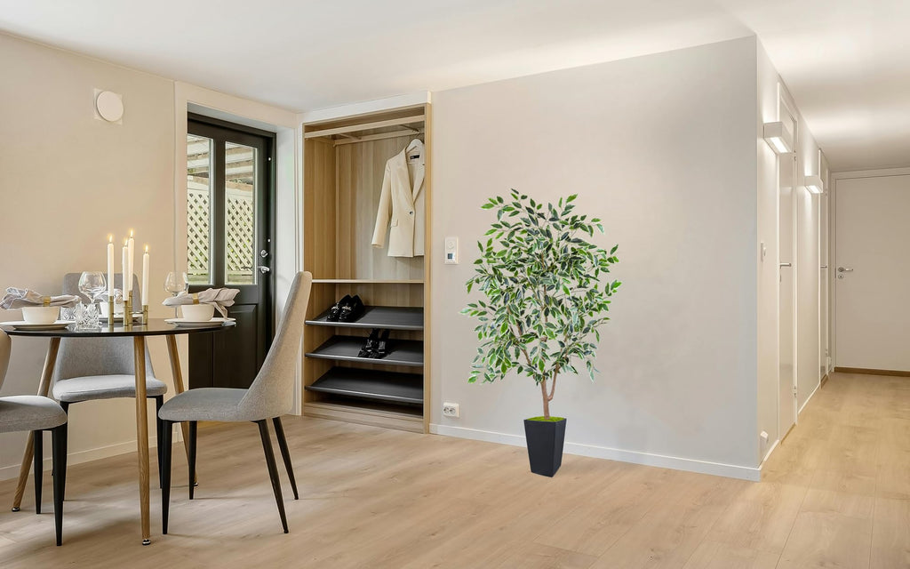 Artificial Ficus Plant 5ft, Fake Tree with Black Tall Planter, Faux Ficus Leaves Trees in Pot, Artificial Floor