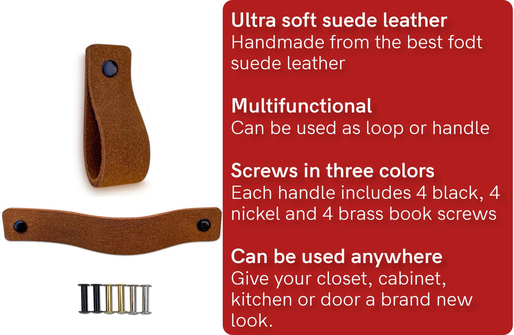 Leather Drawer Pulls - Suede - Cognac - 6 pcs - 6-1/2 x 1 '' - Leather Handle - Leather Dresser Pulls - Cabinet knobs
