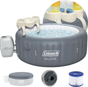 SaluSpa 4-6 Person AirJet Inflatable Hot Tub w/EnergySense Cover, 77"x28" Bundled w/SaluSpa Drink Holder, Spa Side