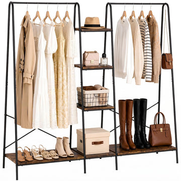 Clothes Rack for Hanging Clothes Freestanding Clothing Rack with 6 Wood Storage Shelves & 2 Rods Heavy Duty Garment