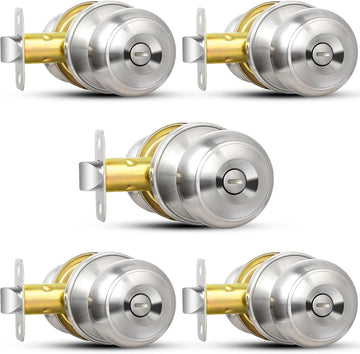 Privacy Door Knob, 5 Pack Brushed Nickel Round Keyless Doorknobs
