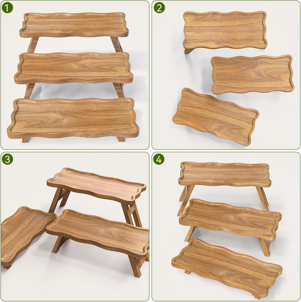 Acacia Wood 3 Tier Cupcake Stand, Serving Tray for Party, Foldable Dessert Table Display Set, Tiered Tray Decor - Set of 3