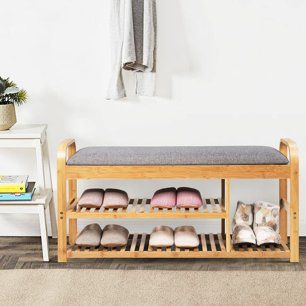 Bamboo Entryway Shoe Bench, 3 Tier Sturdy Shoe Rack with Flip Top Storage Space and Padded Cushion, Compact Shoes
