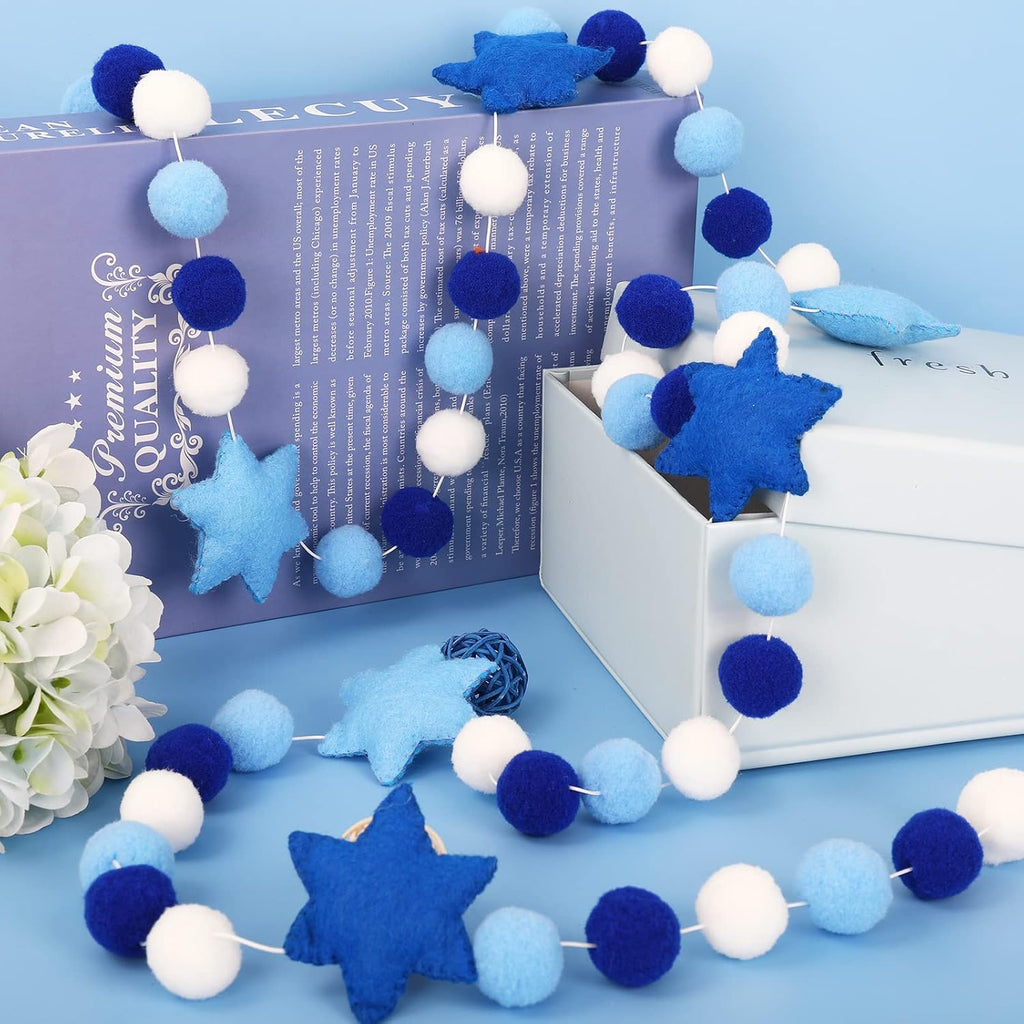 Hanukkah Felt Banner Hexagram Star Felt Garland Blue White Chanukah Pompom Party Decorative Hanging Bunting Banner - Set of 82