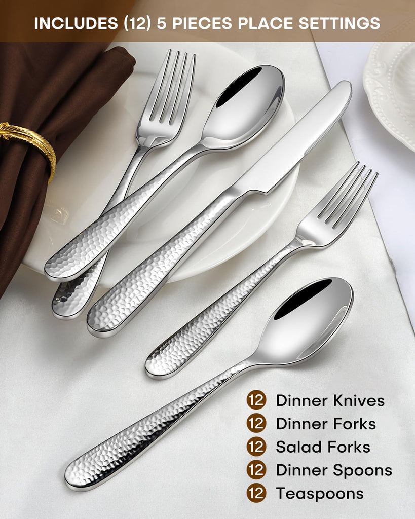 60-Piece Hammered Silverware Set, Heavy Duty Stainless Steel Flatware Set for 12, Food Grade Cutlery Utensils Set