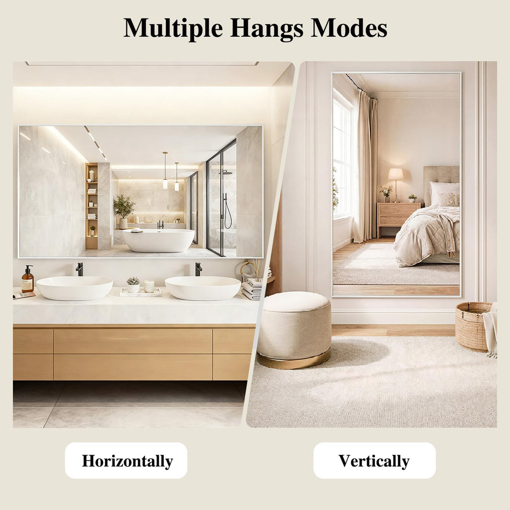 White Rectangle Wall Mirror, 30x60 Inch Bathroom Mirror, Aluminum Frame Vanity Mirror Bathroom, Hangs Horizontally or