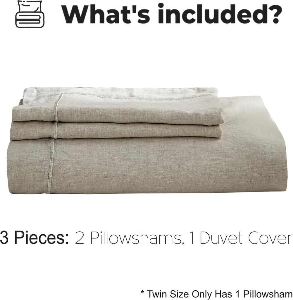 100% Washed Linen Duvet Cover with Embroidered,3 Pieces Soft Farmhouse Comforter Set with Button Closure,1 Duvet
