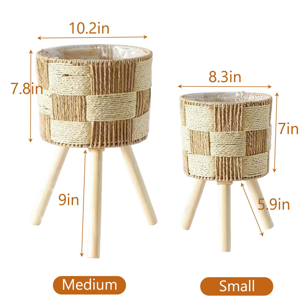 Boho Rattan Plant Stand Set of 2 - Handwoven Wicker Mid-Century Modern Floor Planter Stand for Indoor Plants, Large