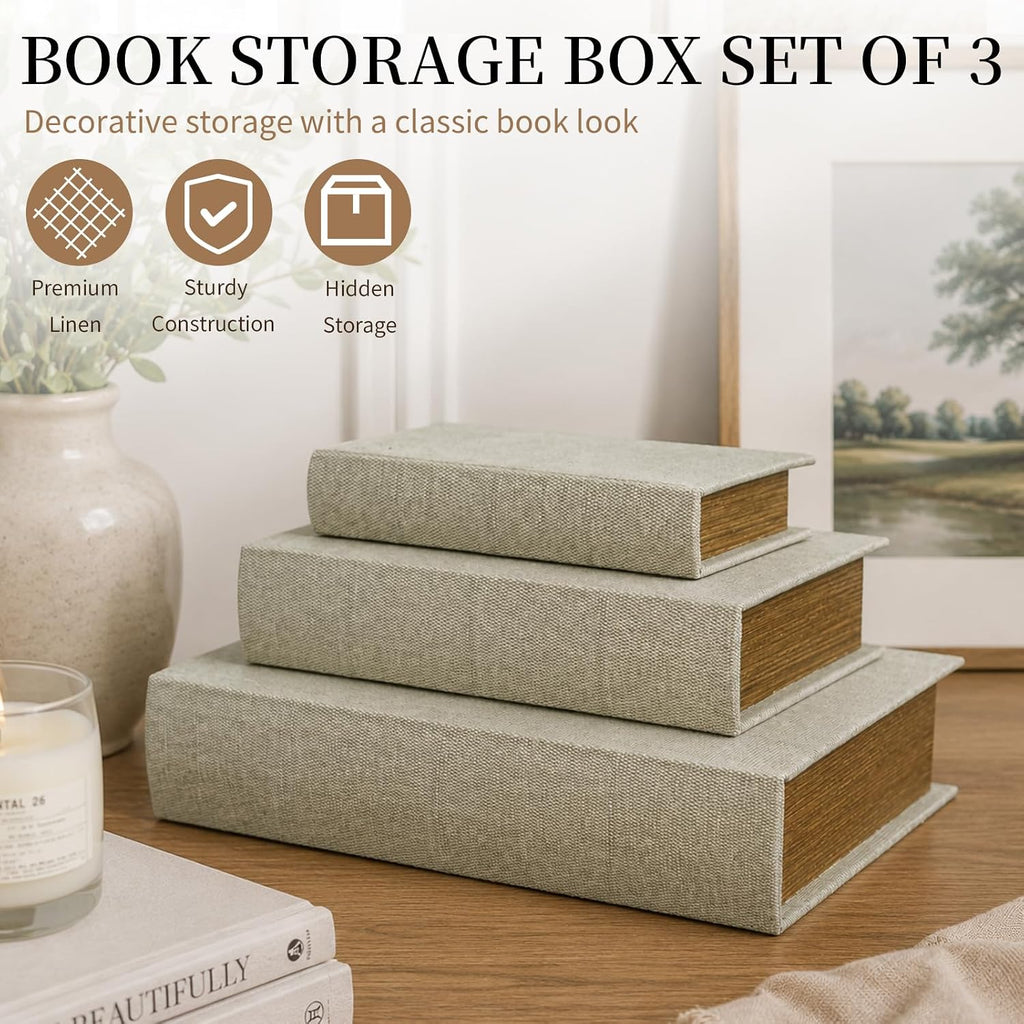 Decorative Book Boxes Set of 3 - Modern Faux Linen & Wood Hidden Storage for Coffee Table - Stackable Fake Books for