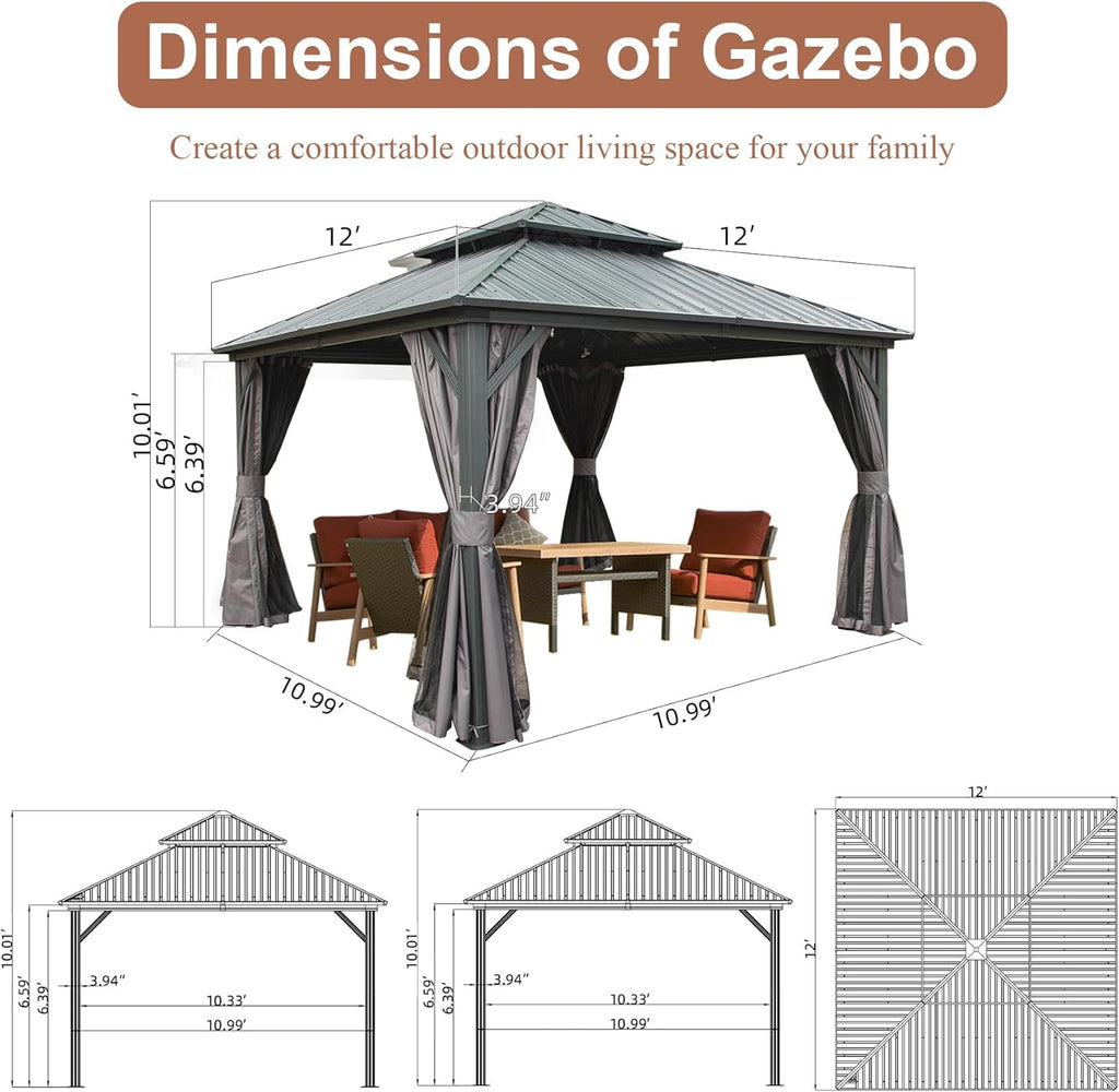 12’ x 12’ Hardtop Gazebo, Outdoor Aluminum Gazebo with Galvanized Steel Double Roof Canopy