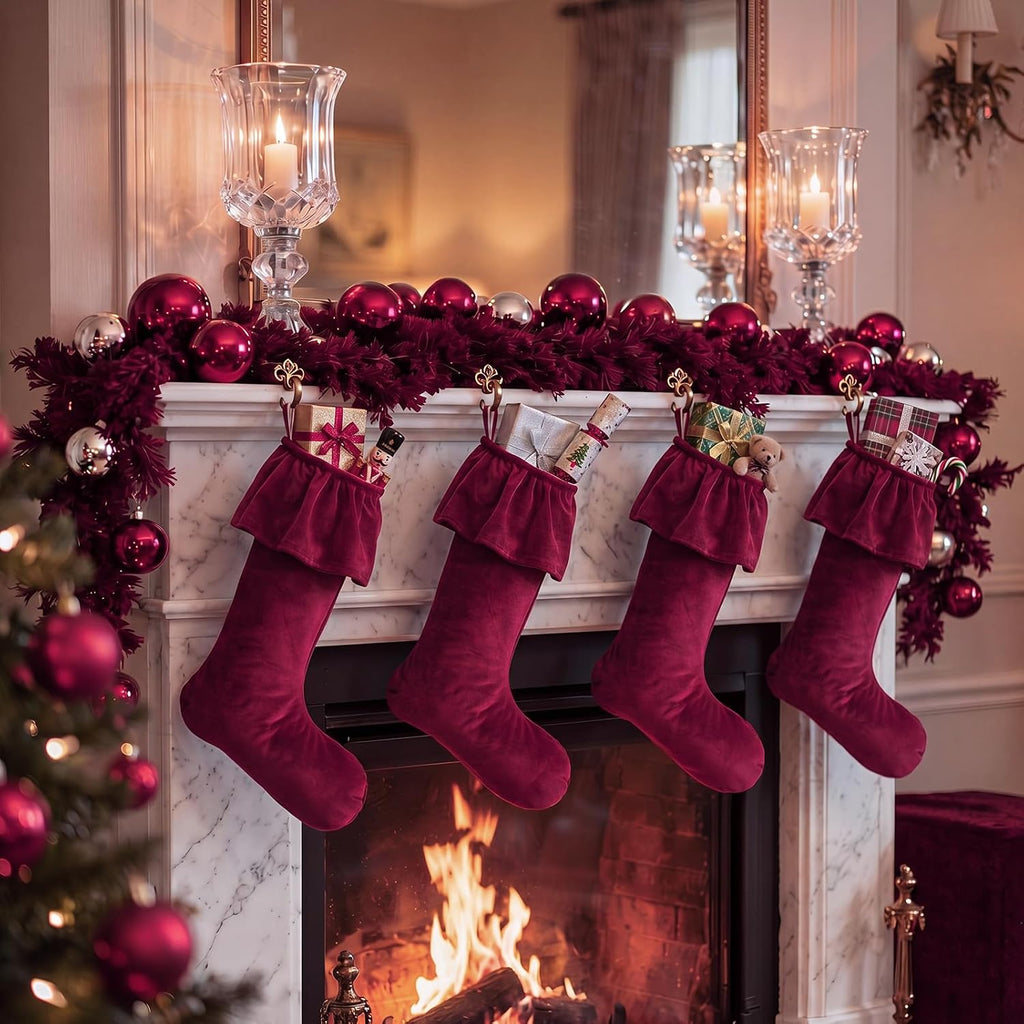 Inch Burgundy Velvet Christmas Stockings Ruffled Cuff - Set of 4