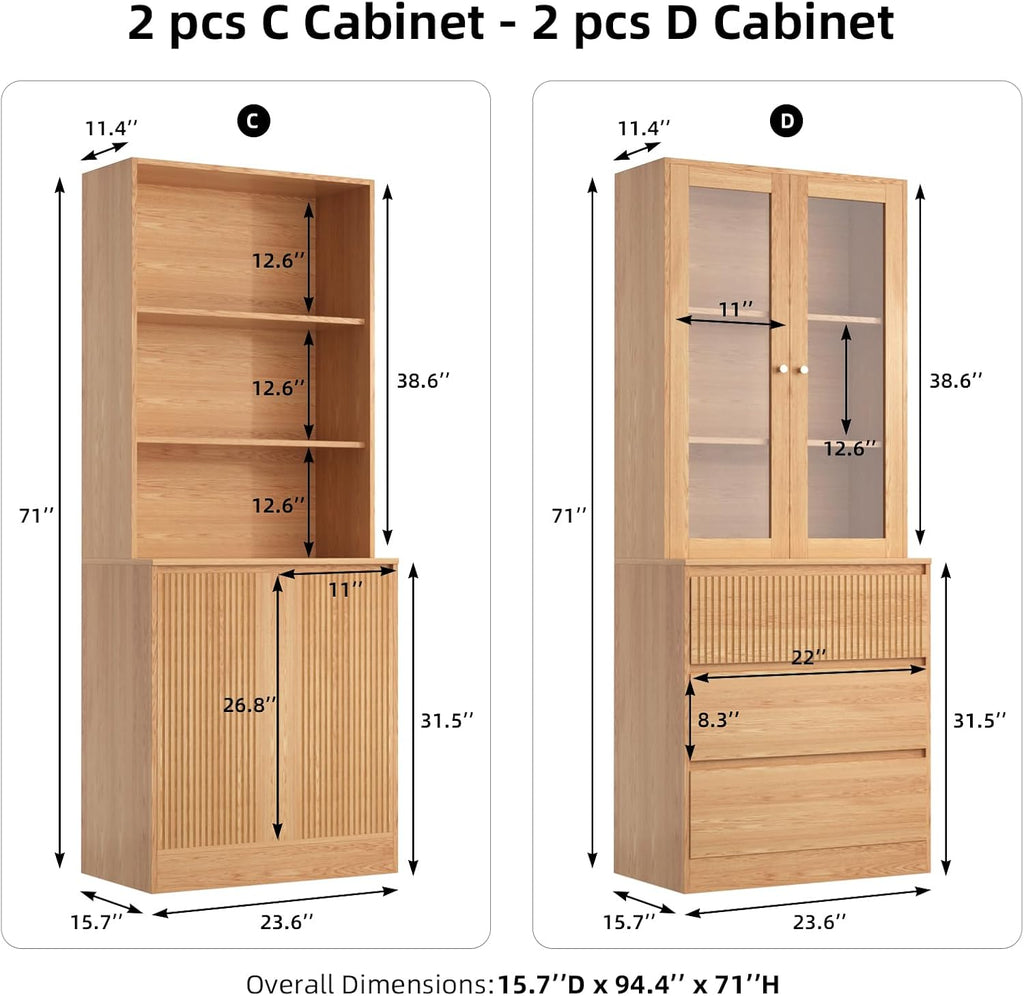 Tall Bookcase with Glass Doors and Drawers,71'' Wooden Bookshelf with Storage,Display Cabinet ,Set of 4 (DCCD)