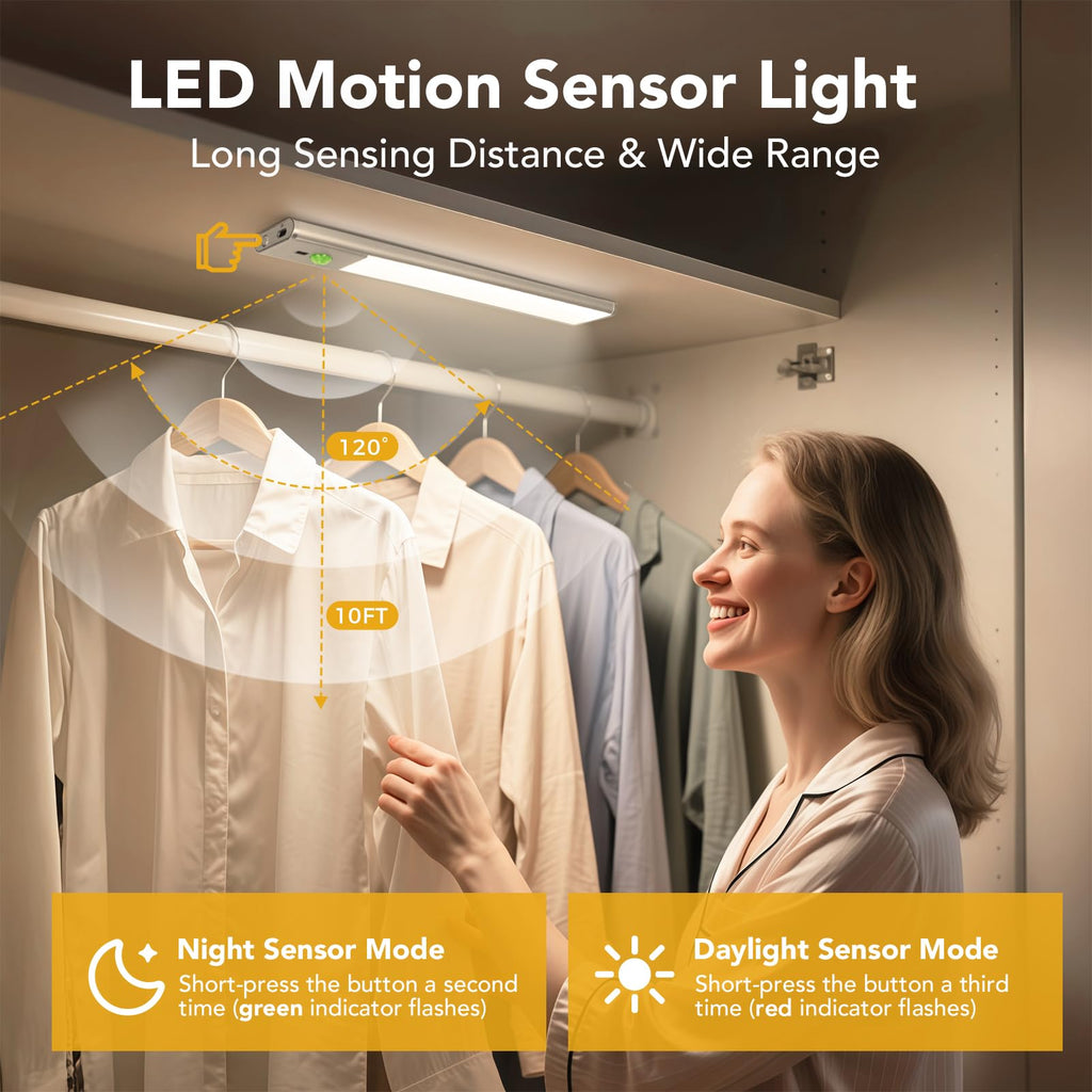 Rechargeable Under Cabinet Lights, 9 Inch Motion Sensor LED Light Bars with Hand Wave Control, 3 Color Temps &
