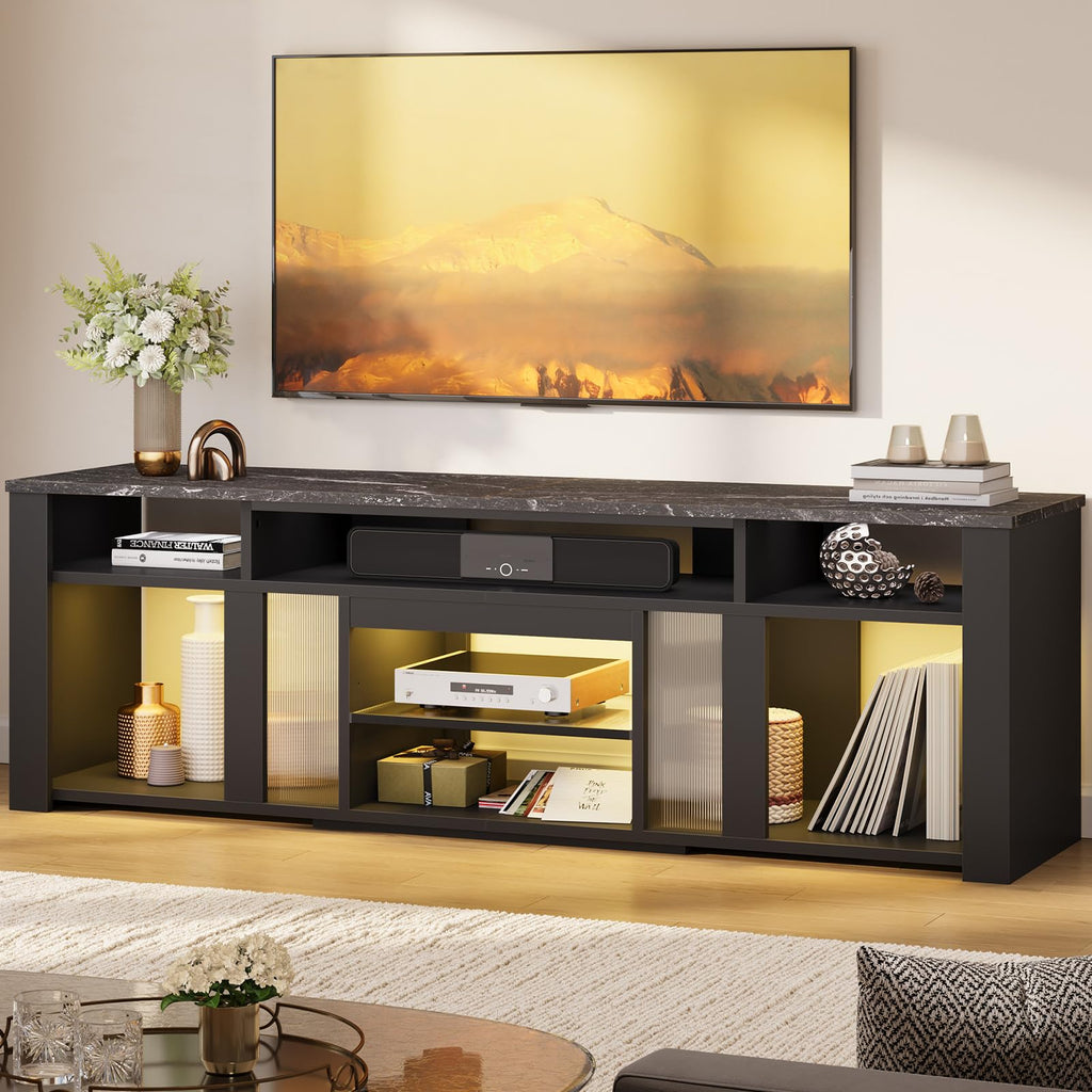 80 Inch TV Stand for 85 Inch TVs, Modern Open Entertainment Center with LED Lights & Adjustable Shelves, Media