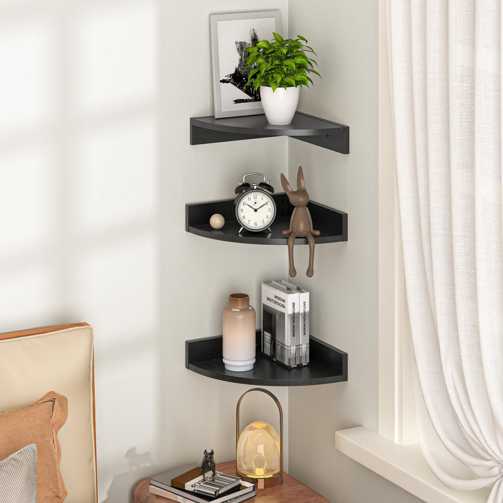 Corner Shelf Wall Mount, Wood Floating Corner Shelves, Corner Wall Shelf (Black, 3 Pack)