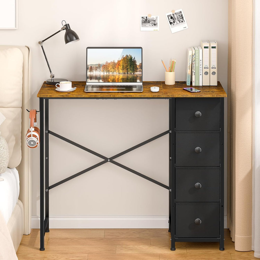 Small Computer Desk with 4 Fabric Drawers, 36 Inch Reversible Writing Desk Bedroom