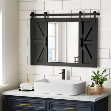 Farmhouse Barn Door Mirror - 37" x 26" Wall Mirror Rustic Black