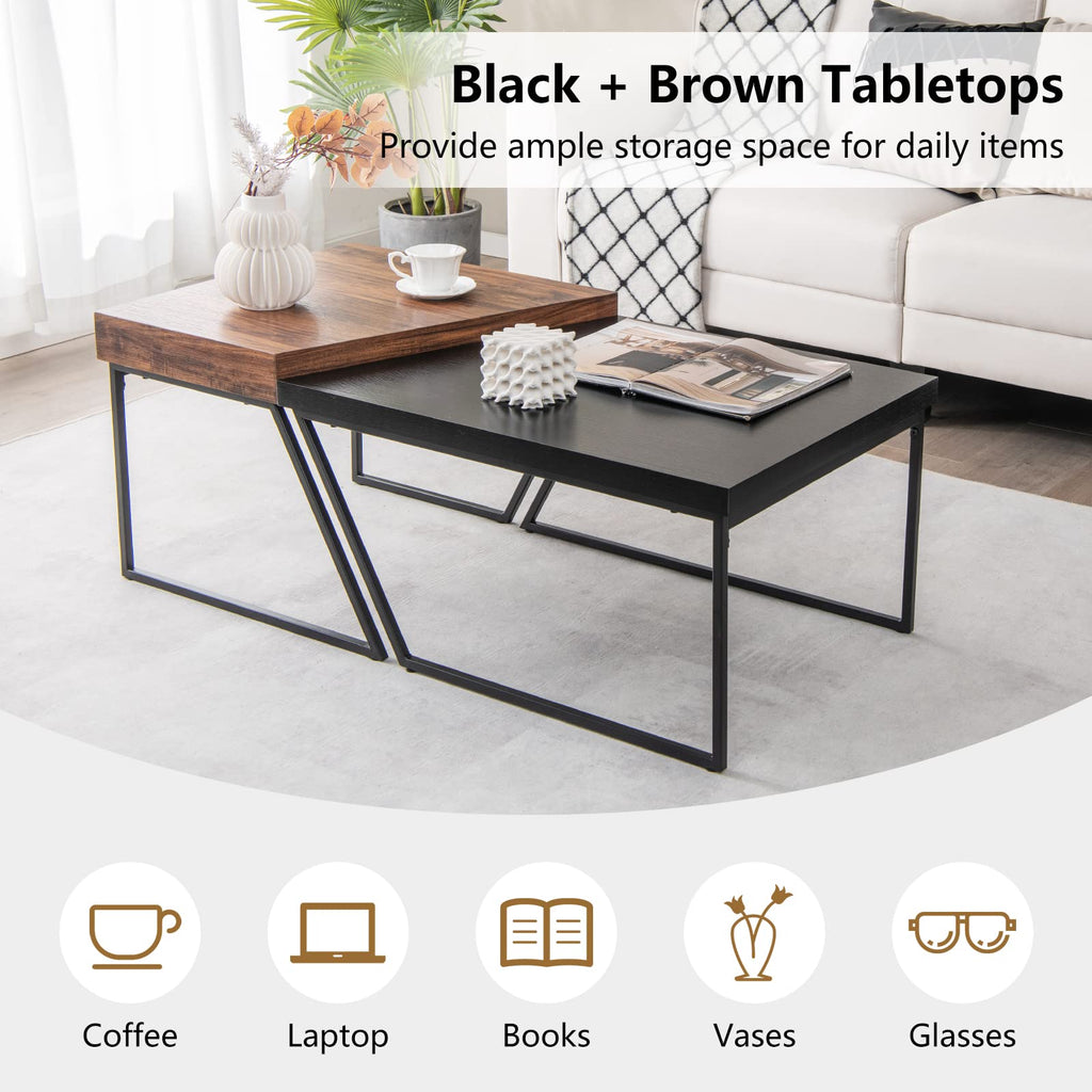 Stacking Coffee Set of 2, Black & Brown Modern Side with Powder Coated Metal Legs, Trapezoid Nesting, Black + Brown