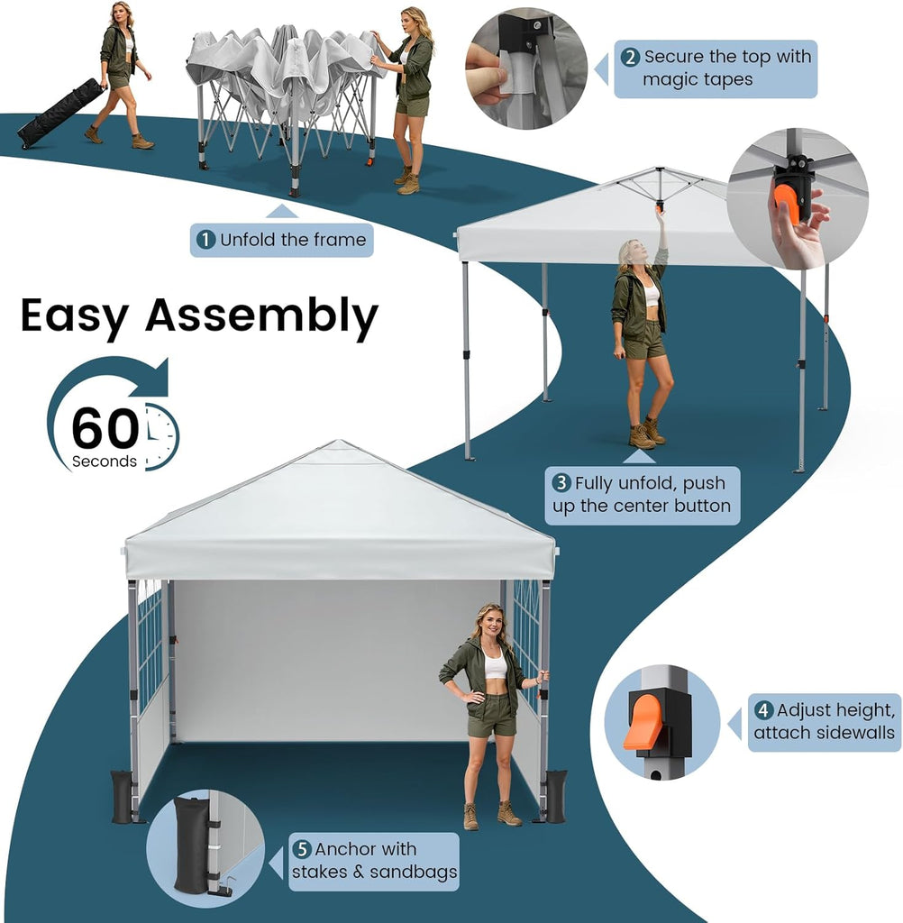 Pop Up Canopy Tent with Sidewalls, 10x10ft 10 Person Party Tent One Push Setup