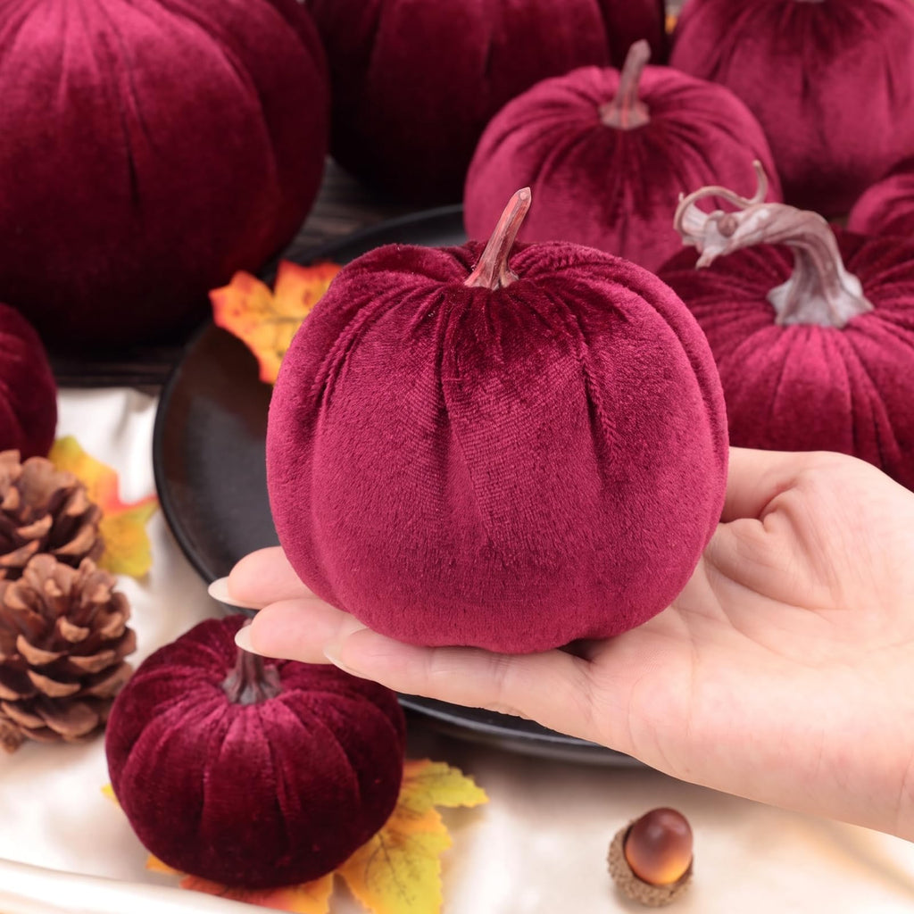 8 Pcs Fake Wine Red Velvet Pumpkins Artificial Pumpkin Decoration