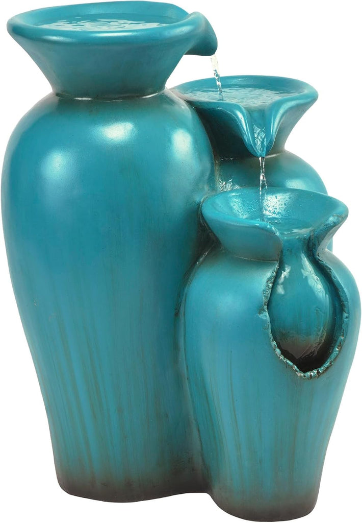 21" Outdoor 3-Tiered Pots Water Fountain - Cascading Ceramic Water Feature with Built-In Pump for Gardens, Patios