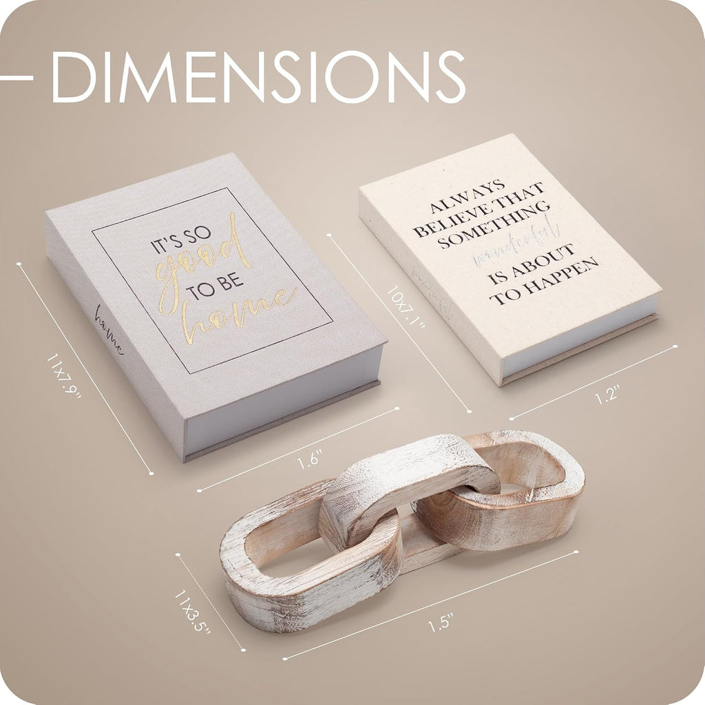 Modern Decorative Books Set of 2 Premium Linen Hardcover Faux Book Box with Reliable Magnetic Closure & Paulownia
