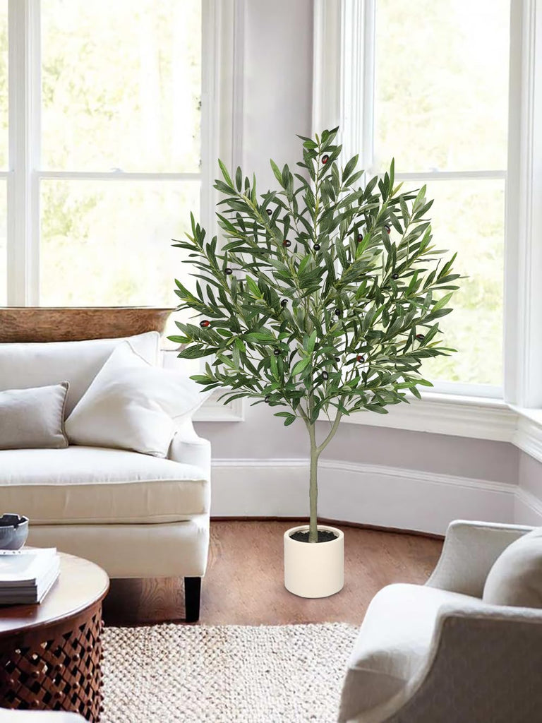 Faux Olive Tree with Pot 4.2FT Small Fake Olive Tree Indoor 50.4inch with Natural Wood Trunk and Lifelike Fruits