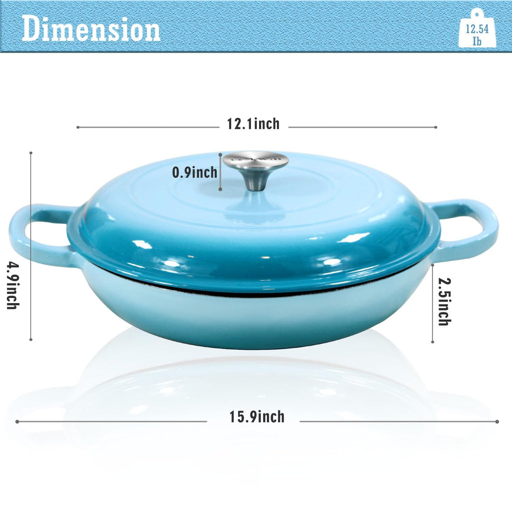 3.8 Quart Enameled Cast Iron Braiser Pan with Lid, Shallow Dutch Oven, Teal