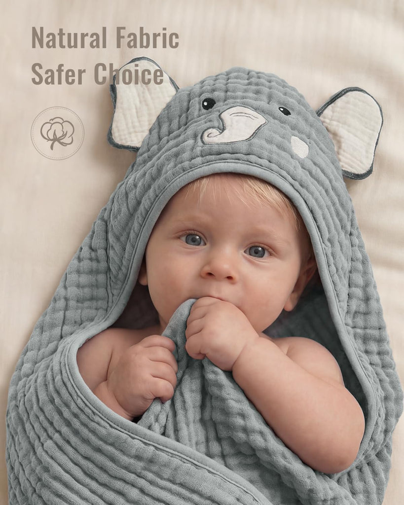 Muslin Baby Hooded Towel 2 Pack, Soft & Absorbent Bath Towel for Infant, Toddler, Unisex, Baby Gift, Newborn