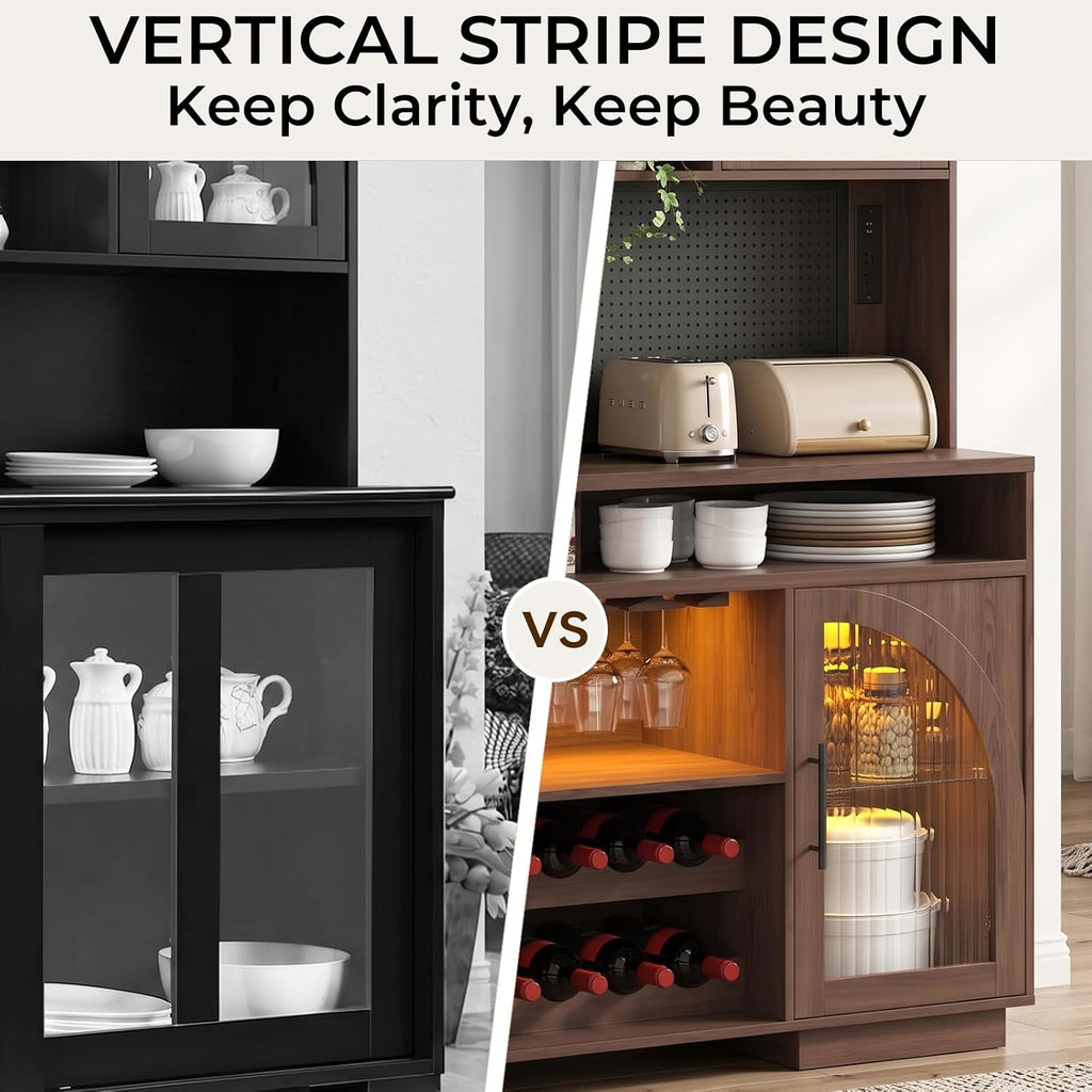 71" Tall Pantry Cabinet with Charging Station, LED Lights & Microwave Stand | 54"W Brown Modern Storage Cabinet with