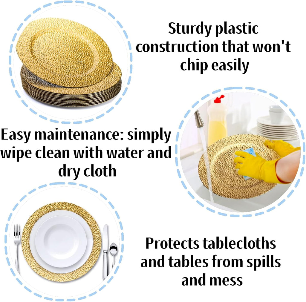 Gold Charger Plates, 13" Round Plastic Serving Chargers, Decorative Dinner Plate Chargers Bulk, Antique Table - Set of 12