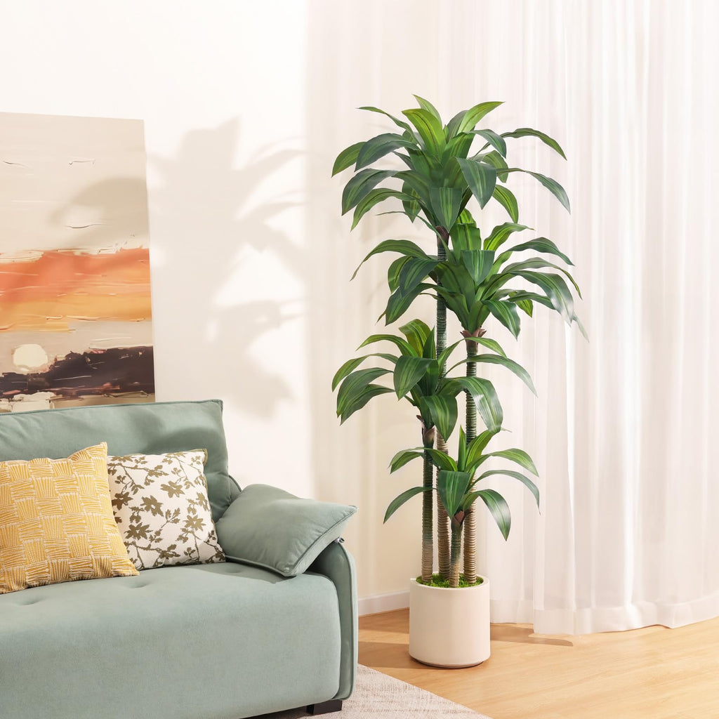 Artificial Dracaena Tree 6ft, Tall Fake Dracaena Plants with White Planter, Faux Dragon Tree Indoor Floor Plant Decor