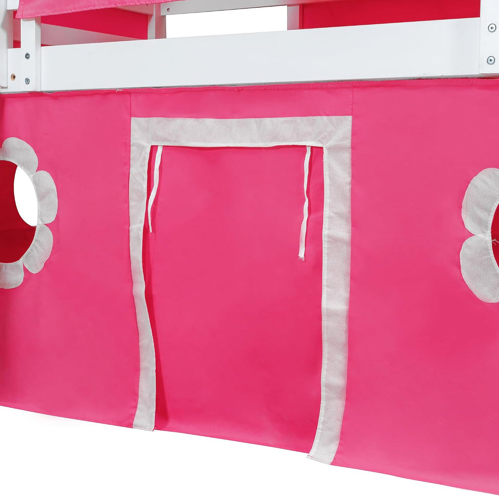 Castle Loft Bed with Slide & Tent and Tower, Playhouse Design Spacious Under Bed Space with Curtains, Wood Tent Bed