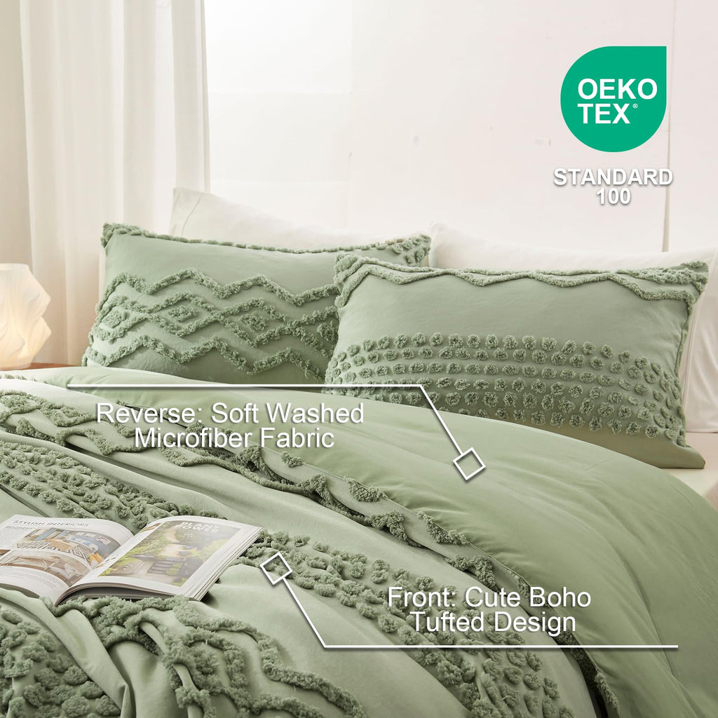 Sage Green Tufted Comforter Set, 3 Pieces Queen Boho Bedding Set