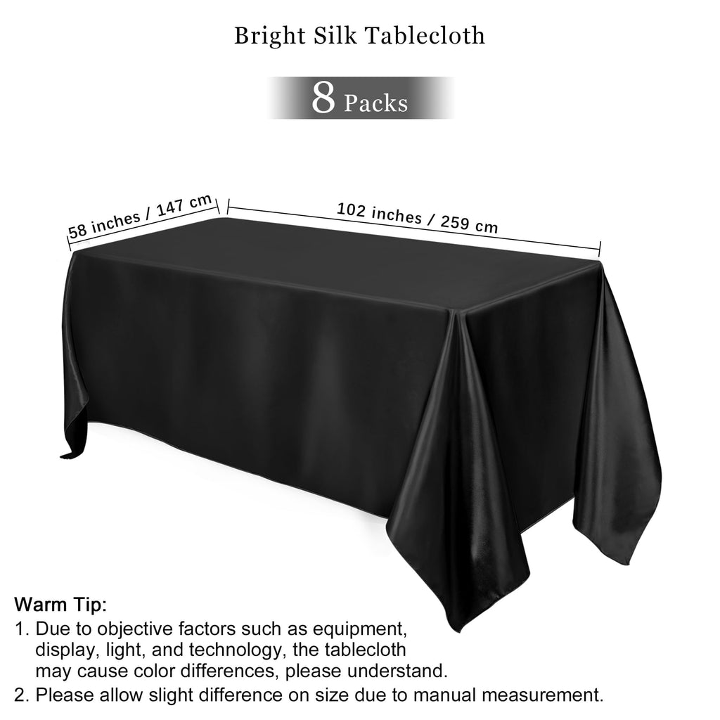 8 Pack Black Satin Tablecloth 102 x 58 Inch Overlay Table Cover