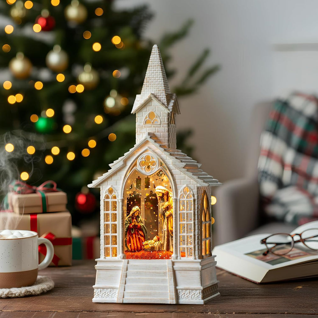 Christmas Nativity Snow Globe Lantern Musical Holy Family Lighted Water Church with Silent Night Music for Christmas