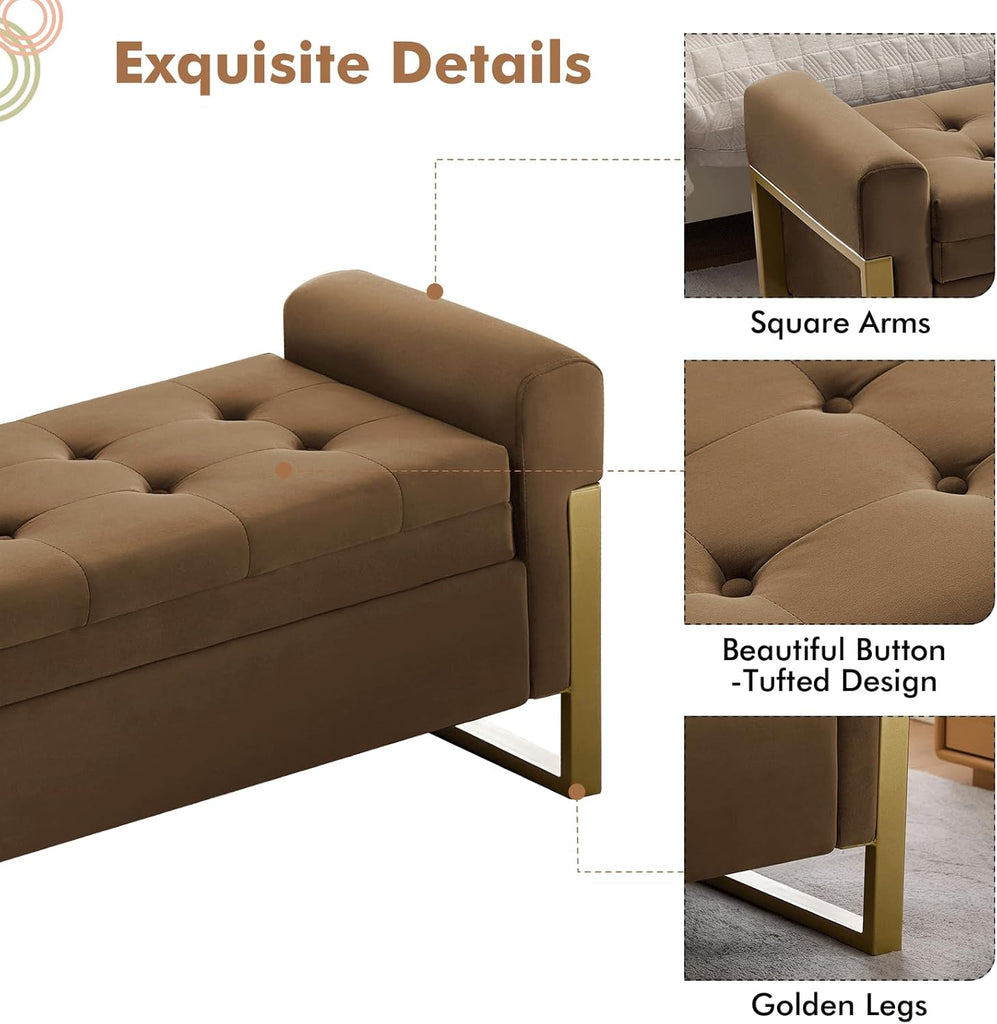 67" Storage Bench , End of Bed Bench King Size, Brown | Upholstered Velvet Storage Ottoman Bench with Golden Legs